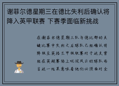 谢菲尔德星期三在德比失利后确认将降入英甲联赛 下赛季面临新挑战 谢菲尔德星期三在德比失利后确认将降入英甲联赛 下赛季面临新挑战